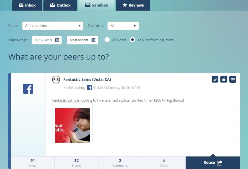 Dashboard Sandbox - discover top performing local social posts